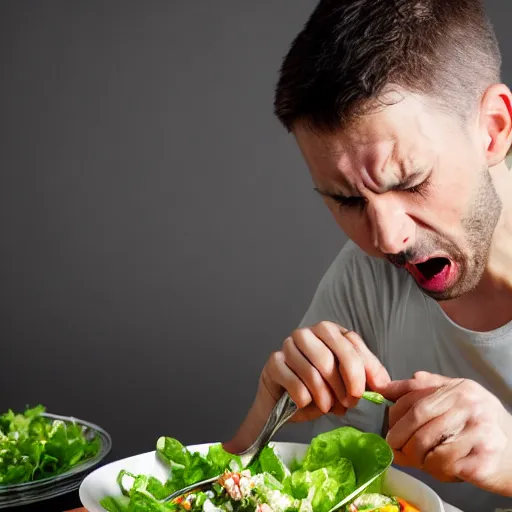 Prompt: man angrily eating salad, studio photography