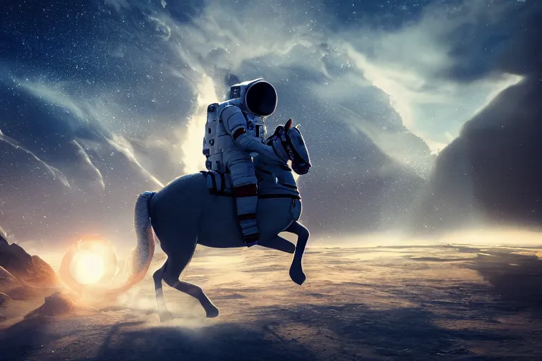 Image similar to astronaut is under the horse, 4 k, ultra details, cinematic, epic style, beautiful photo, hyper realistic, octane render, unreal engine, award winning, on artstation, volumetric lightning, masterpiece, golden hour,