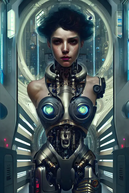 Image similar to ultra realistic, beautiful female cyborg in a crowded smoky cyberpunk club in space megalopolis, sci - fi, intricate details, eerie, highly detailed, octane render, 8 k, art by artgerm and alphonse mucha and greg rutkowski