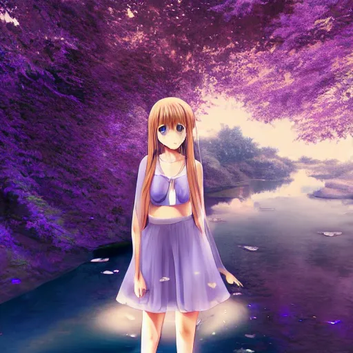 Image similar to advanced digital anime art, WLOP , a gorgeous high school girl with long gold and silver hair wearing a violet dress and bare feet walking through a crystal clear river, DOF, Gaussian Blur,