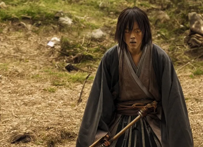 Image similar to movie still from Rurouni Kenshin, 2012, cinematic, Takeru Satoh, samurai half man half asian black bear, epic