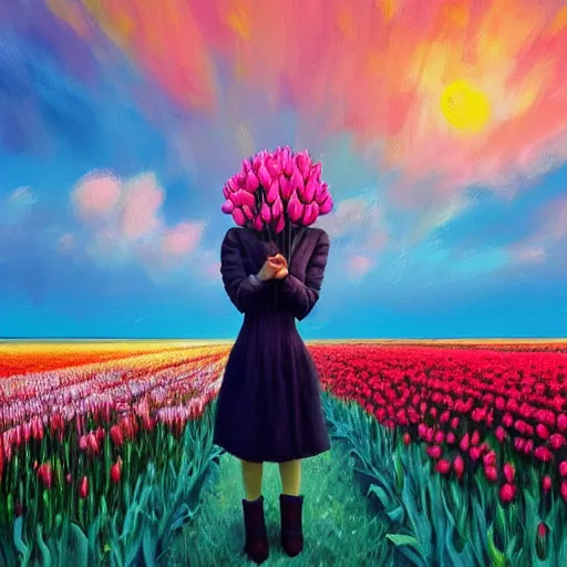 Image similar to girl with a giant tulip head, surreal photography, flower field, sunset dramatic light, impressionist painting, colorful clouds, blue sky, digital painting, artstation, simon stalenhag