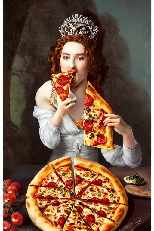 Prompt: a highly detailed queen margherita ( savoy ) eating!!! a pizza! margherita, full body, detailed painting by arturo faldi, trending on deviantart, octane, masterpiece