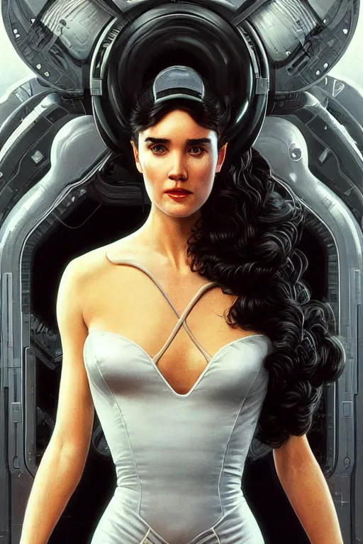 Image similar to young Jennifer Connelly as a stunning , beautiful retro SCI-FI space heroine 1985 , intricate, elegant, highly detailed, centered, digital painting, trending on artstation, concept art, smooth, sharp focus, illustration, art by artgerm and donato giancola and Joseph Christian Leyendecker, Ross Tran, WLOP