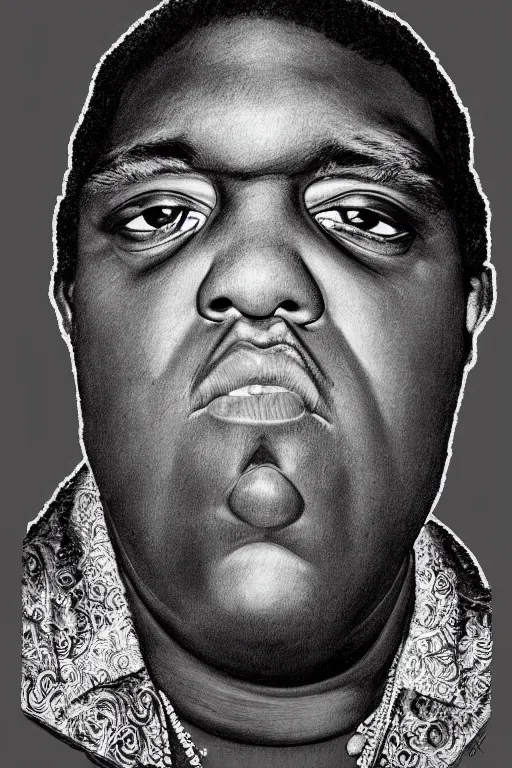 Image similar to a portrait of biggie smalls in style of rudy gutierrez, masterpiece, hyperdetailed, complex, intricate, 4 k, trending on artstation