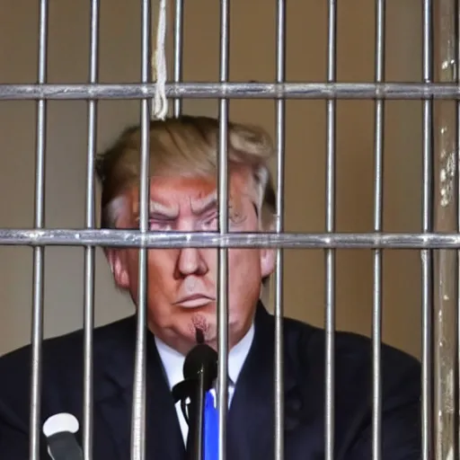 Image similar to donald trump wearing orange prison jumpsuit, locked behind bars. looking very sad.