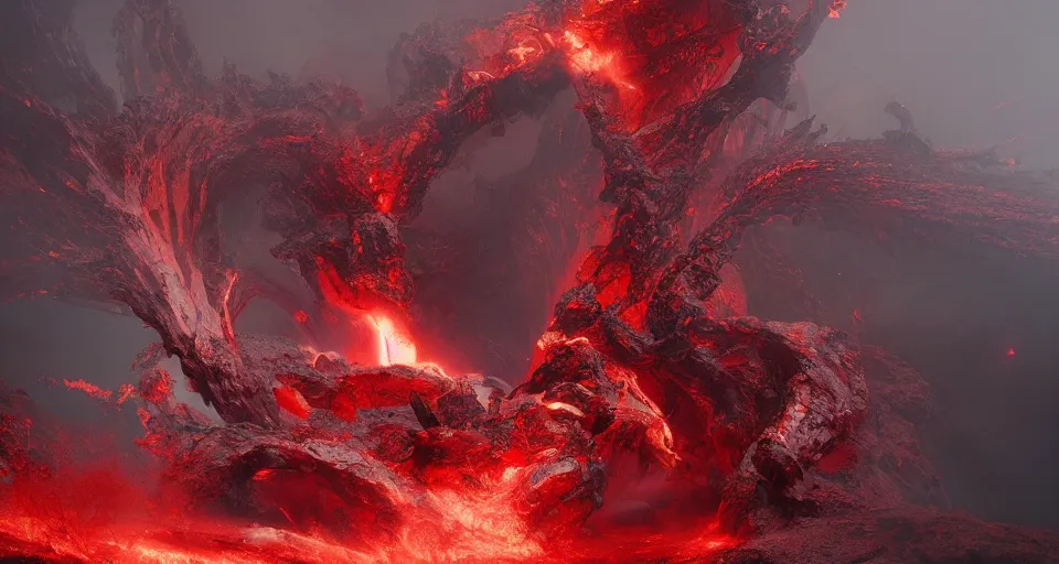 Prompt: a volcano made of ivory vines and crimson rocks enters in eruption, it spits a smoke in the shape of demonic eye, by Ruan jia