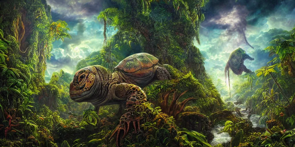 Image similar to fantasy oil painting, great leviathan, turtle cephalopod terrapin reptilian pachyderm amphibian hybrid, rainforest mountains, lush plants flowers, epic natural light, bright clouds, luminous sky, outer worlds, bright cinematic lighting, michael cheval, michael whelan, vray, 8 k hd