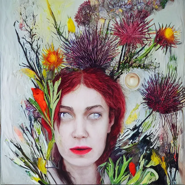 Image similar to “ a portrait in a female art student ’ s apartment, australian wildflowers, sensual, queer woman, flax, flannel flower, bottlebrush, eucalyptus, art supplies, a candle dripping white wax, clay, squashed berries, berry juice drips, acrylic and spray paint and oilstick on canvas, surrealism, neoexpressionism ”