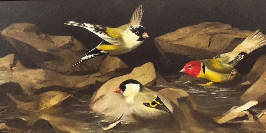 Prompt: painting of a goldfinch drowning in a river of nightmares. by theodore gericault, realistic oil painting, 4 k, studio lightning, award winning, very detailed shadows