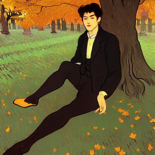 Image similar to painting of young cute handsome beautiful dark medium wavy hair man in his 2 0 s named shadow taehyung and cute handsome beautiful min - jun together at the graveyard party, ghostly, haunted gravestones, ghosts, autumn! colors, elegant, wearing suits!, clothes!, clear, delicate facial features, art by alphonse mucha, vincent van gogh, egon schiele