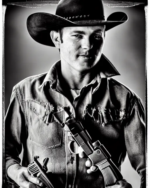 Image similar to portrait of cowboy holding revolver, detailed medium format photo, polaroid still, black and white, western, high production value, intricate details, high resolution, hyperrealistic, hdr, high definition, award winning photography, masterpiece, ultra realistic, highly detailed, hd, sharp focus, cinematic lighting, shaded, non blurry, sharp, smooth