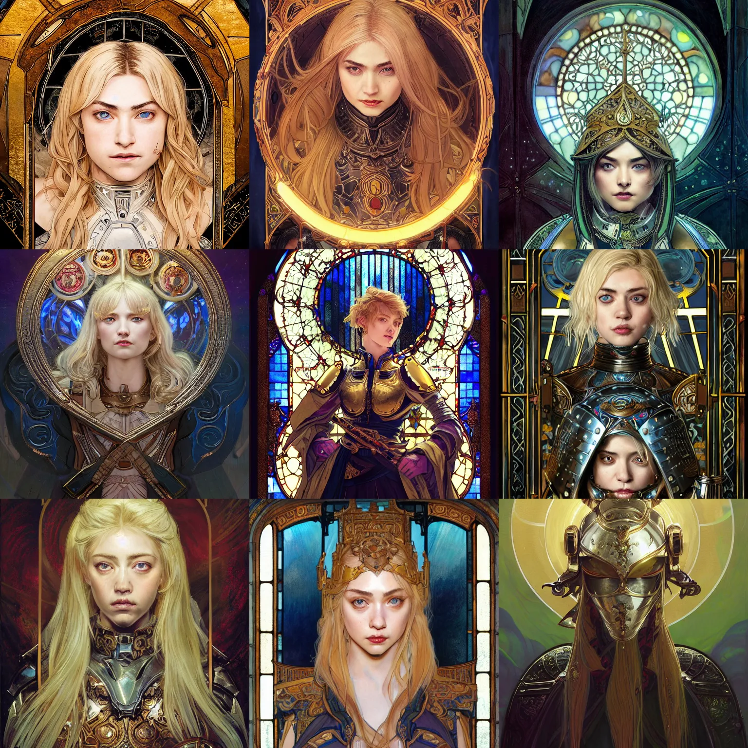 Prompt: masterpiece head-on symmetrical centered painted portrait, Imogen Poots as a paladin, blonde hair, glorious, wearing full metal armour, glowing stained glass backdrop, elegant, in the style of Greg Rutkowski and Moebius and Mohrbacher and Ruan Jia and Edgar Maxence and Ross Tran and Alphonse Mucha and Ayami Kojima and Charlie Bowater and Greg Rutkowski and Karol Bak and Jean Delville, Art Nouveau, Pre-Raphaelite, Neo-Gothic, 8k, specular highlights, octane render