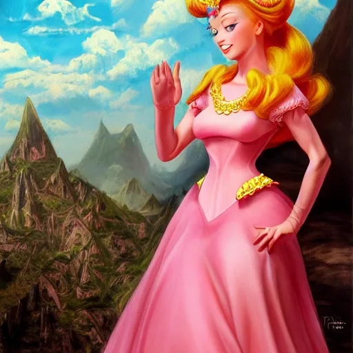 Prompt: An ultra realistic portrait painting of Princess Peach wearing his pink dress and golden tiara in the style of Frank Frazetta, 4k, Ultrarealistic, Highly Detailed, Dark Fantasy, Epic Lighting