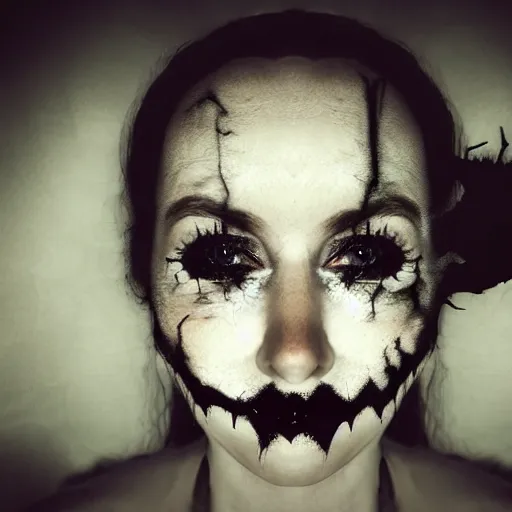 Image similar to a selfie of a woman in a dark room, with a spooky filter applied, in a halloween style.