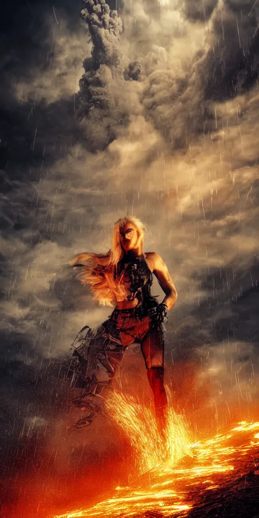 Image similar to volcano eruption post apocalyptic scene with a long - haired blonde cyber girl futuristic mad max bladerunner stormy weather