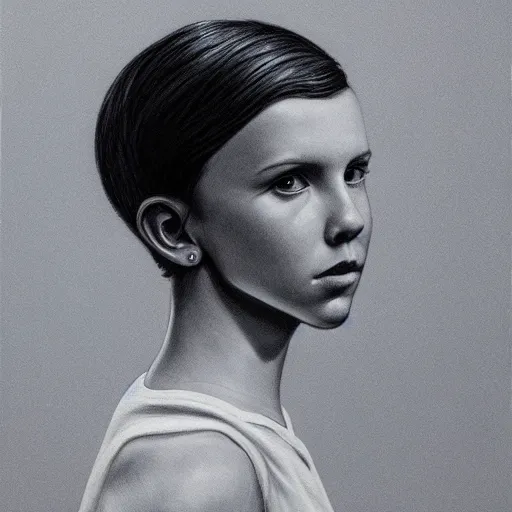 Image similar to millie bobby brown beautiful portrait of bust, medium shot, shallow depth of field, anamorphic lens, professional photography, highly detailed, photorealistic painting
