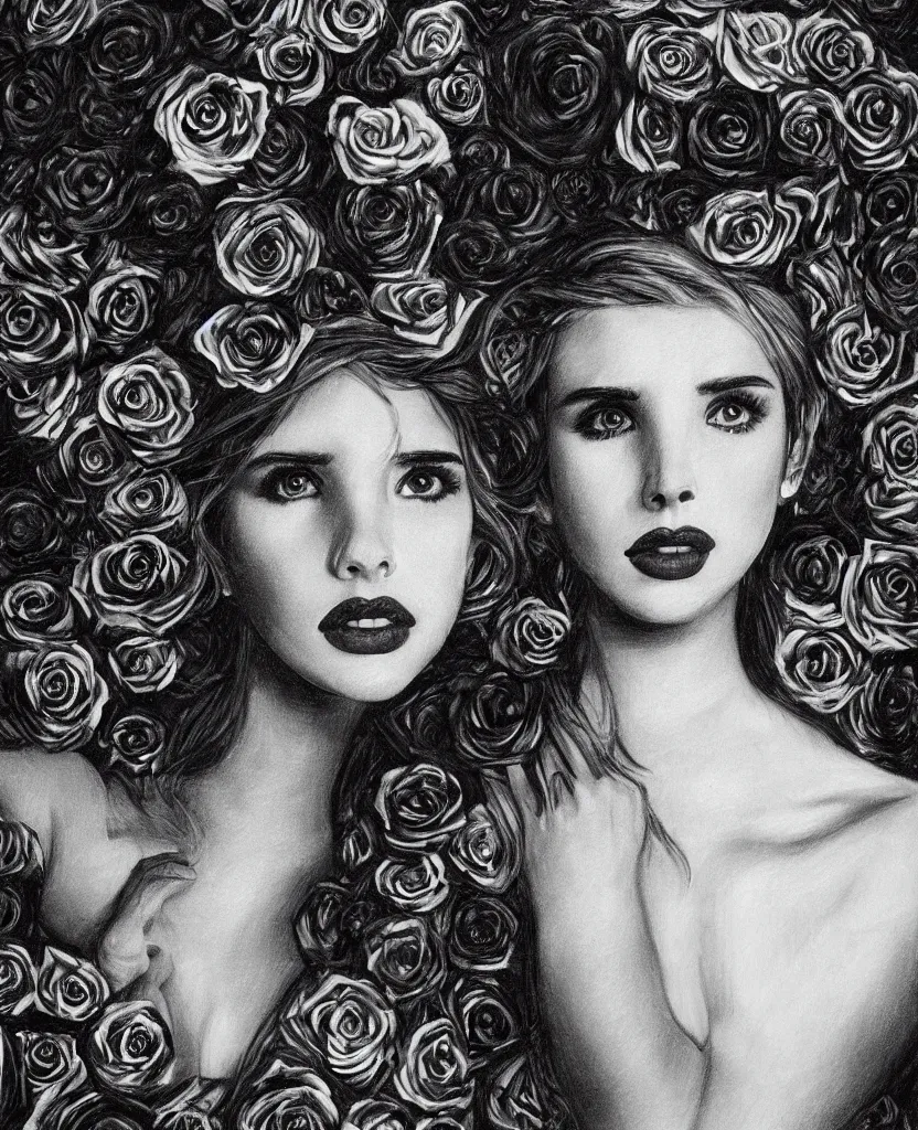 Image similar to young Emma Roberts as a goddess of black roses looking searchingly into your eyes. charcoal shadowing. minute detail. blended shadowing. tricolors. ultra colorful. perfect lighting. perfect pose. amazing creative portrait illustration. the best portrait of a beautiful goddess in existence. large format image.