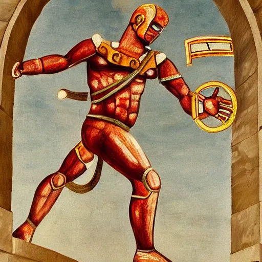 Image similar to hellenistic greece painting of old - fashioned - ironman flying across the coliseum