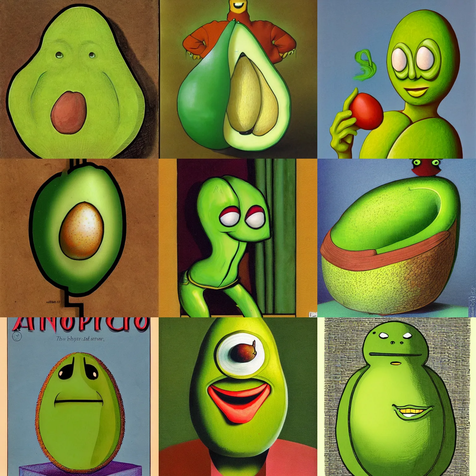 Prompt: the anthropomorphic avocado by john byrne