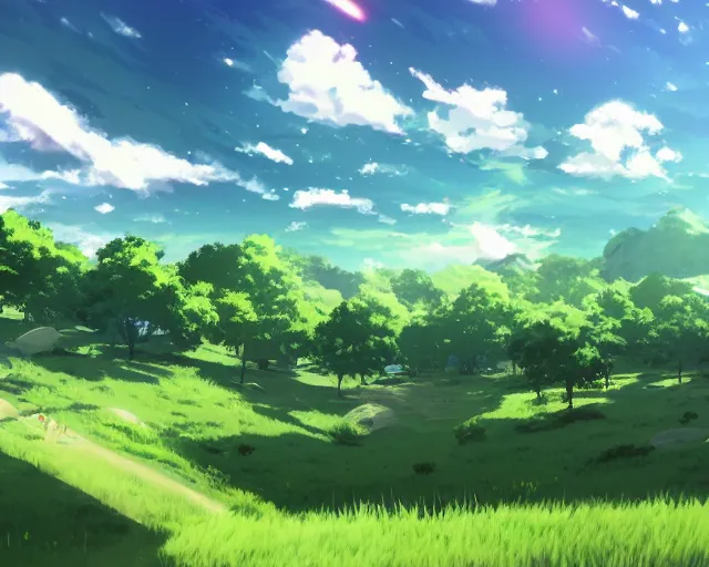 Image similar to illustration of a wide shot green hills with clouds in the background, | | anime key visual, official media, illustrated by wlop, extremely detailed, 8 k, trending on pixiv, cinematic lighting, beautiful