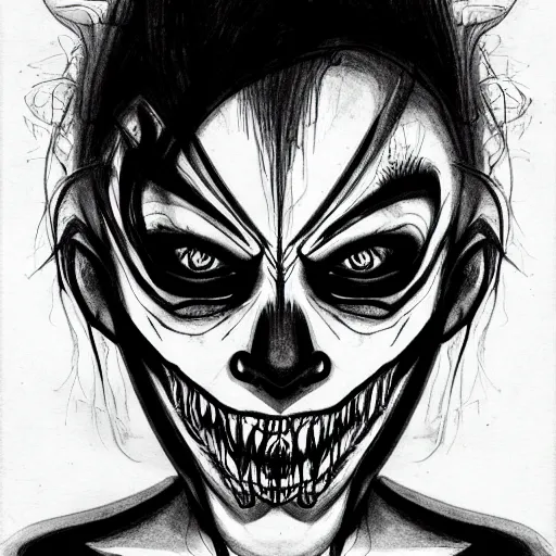 Prompt: an ink drawing of cracked white mask, scary smile, deviant art, artgerm