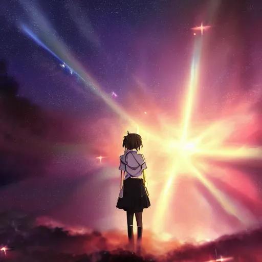 Image similar to key anime visual of a girl looking at a sky full of stars, detailed digital painting, sharp official media, extreme wide shot cold backlit beautiful lighting, stunning vfx