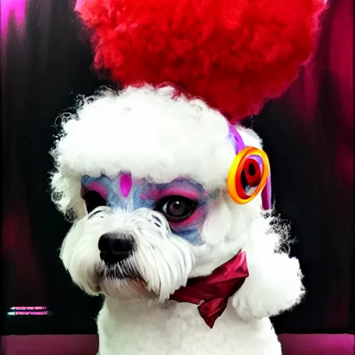 Image similar to bichon frise as the joker 2019, dog, makeup, movie poster, trending on artstation