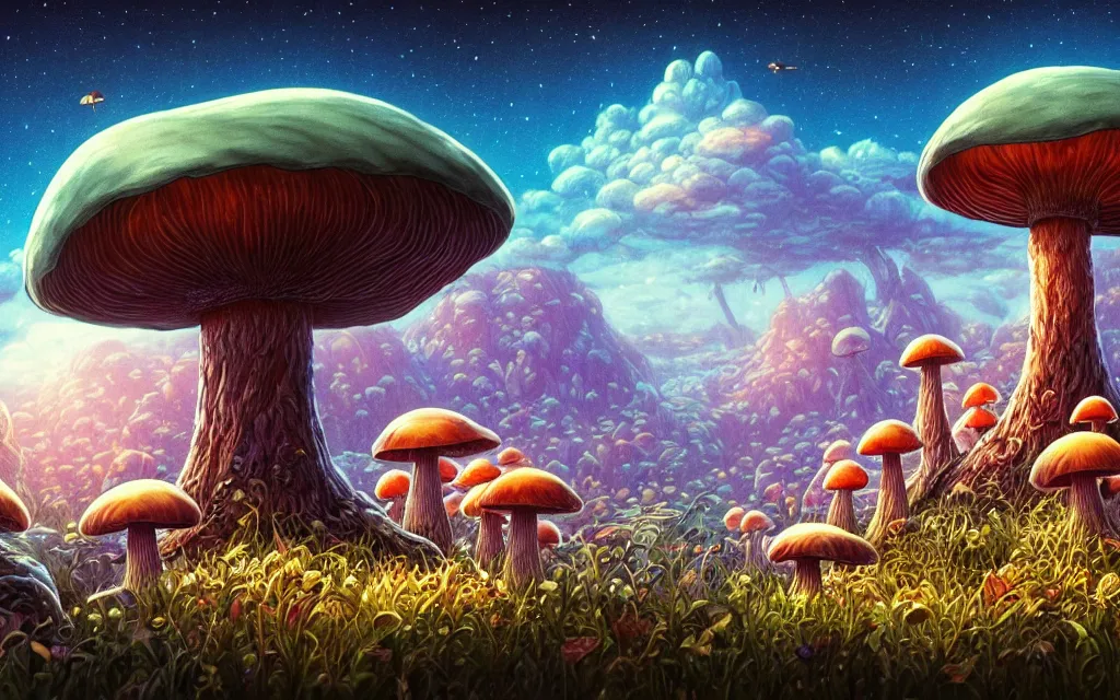 Prompt: the mushroom story house tells the tale of an epic journey, a journey into the mind of the creator. the mushrooms grow on a mountain that is home to lost time. by dan mumford, yusuke murata, makoto shinkai, ross tran, cosmic, heavenly, god rays, intricate detail, cinematic, cel shaded, unreal engine, featured on artstation, pixiv