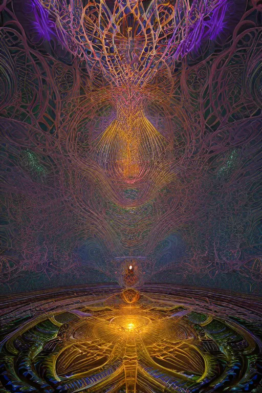 Image similar to a deep perspective photo real render of tribal glowing fractals and ornate flowing light streams sacred geometry, by beeple, by donato giancola, unreal engine