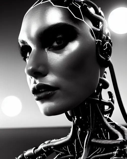 Image similar to black and white cyborg goddess high quality portrait, artificial intelligence, bio-mechanical bio-luminescence, artificial spider web, neurons, nerve cells, octane render, cinematic, hyper realism, high detail, 8k, in the style of Steven Meisel