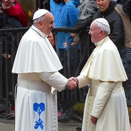 Image similar to the pope and a member of the crips street gang happily shaking hands in a chicago neighborhood, 8 k, very detailed, very intricate,