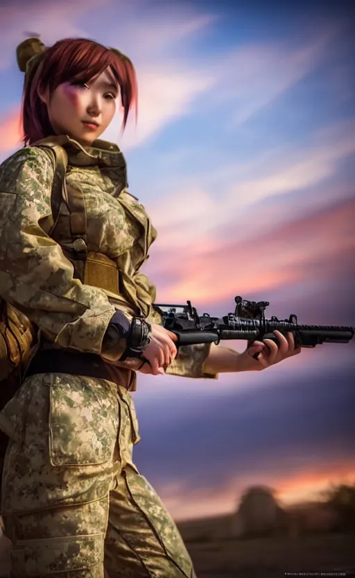 Image similar to highly detailed, high resolution, cosplay photo, stunning, real world, real sunset, in the middle of the battlefield, girls frontline style, bokeh soft, 100mm, trending on facebook, by professional photographer, realistic anatomy, realistic military carrier, soldier clothing, modern warfare, realistic rifle