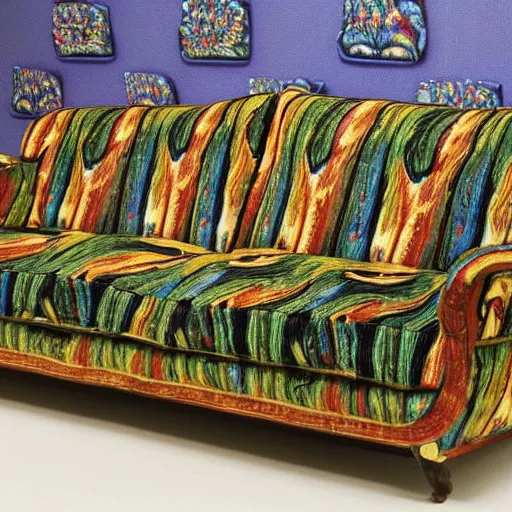 Image similar to psychedelic trippy couch pine forest planets milky way sofa by louis wain