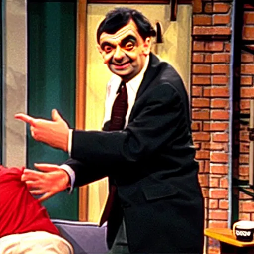 Image similar to mr. bean on the jerry springer show fighting with another guest.