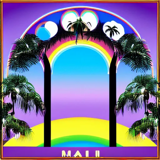 Image similar to miracle musical Hawaii part ii album cover, showing an ocean in the background, spiral transparent stairs on the left with tall palm trees behind it, a slight rainbow in the background, white outline border, moon in the right top area black and white except for the rainbow album cover