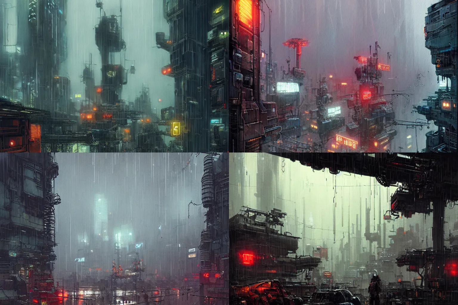 Prompt: machine city by ian mcque, cyberpunk, masterpiece, very detailed, rain, atmospheric