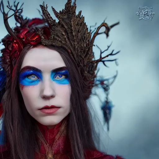 Image similar to A detailed portrait of a elven woman with red and blue eyes trending on artstation by Peter Kemp and Monia Merlo