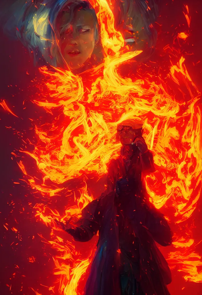 Image similar to a fancy portrait of pissed off mage engulfed in colorful flames by greg rutkowski, sung choi, mitchell mohrhauser, maciej kuciara, johnson ting, maxim verehin, peter konig, 8 k photorealistic, cinematic lighting, hd, high details,