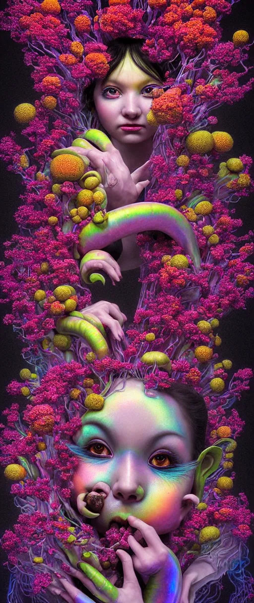 Image similar to hyper detailed 3d render like a Oil painting - kawaii portrait Aurora demon (ancient black haired Fae acrobat) seen Eating of the Strangling network of yellowcake aerochrome and milky Fruit and Her delicate Hands hold of gossamer polyp blossoms bring iridescent fungal flowers whose spores black the foolish stars by Jacek Yerka, Mariusz Lewandowski, Houdini algorithmic generative render, Abstract brush strokes, redshift render, Masterpiece, Edward Hopper and James Gilleard, Zdzislaw Beksinski, Mark Ryden, Wolfgang Lettl, hints of Yayoi Kasuma, extremely detailed, 8k