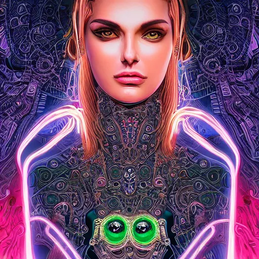 Prompt: very beautiful woman integrating with technology, full face frontal centered, portrait, insipiring, detailed intricate ornate cables connected to head, big open electric eyes, luxurious detailed abundent wiring and implants, diamonds, ruby, sci - fi, neon, emeralds, detailed technology background with cyber - insects, highly detailed, artstation, 8 k, by laurie greasley