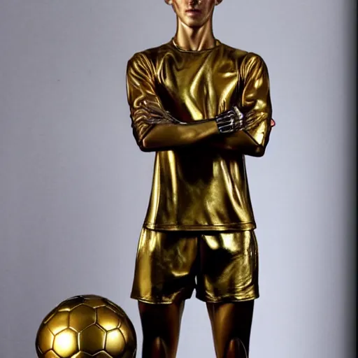 Image similar to a realistic detailed photo of a guy who is an attractive humanoid who is half robot and half humanoid, who is a male android, soccer player martin ødegaard, shiny skin, posing like a statue, blank stare, in a living room, on display, showing off his muscles, gold soccer shorts