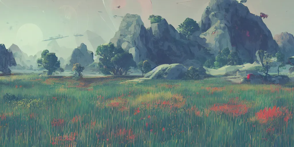 Image similar to landscape illustration at noon by james jean painted in no mans sky style, redshift, octane