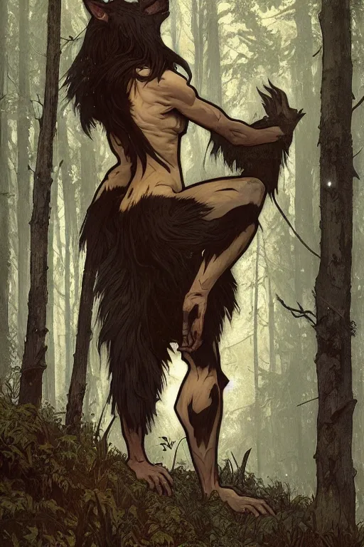 Image similar to fullbody portrait of a werewolf, bared teeth, long claws, by greg rutkowski and alphonse mucha, gradient brown to silver, in front of a forest at night background, highly detailed portrait, digital painting, artstation, concept art, smooth, sharp focus illustration