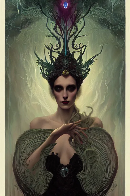 Image similar to jeweled Crown, other worldly, cruel and dark, art nouveau, by Anato Finnstark, Tom Bagshaw, Brom