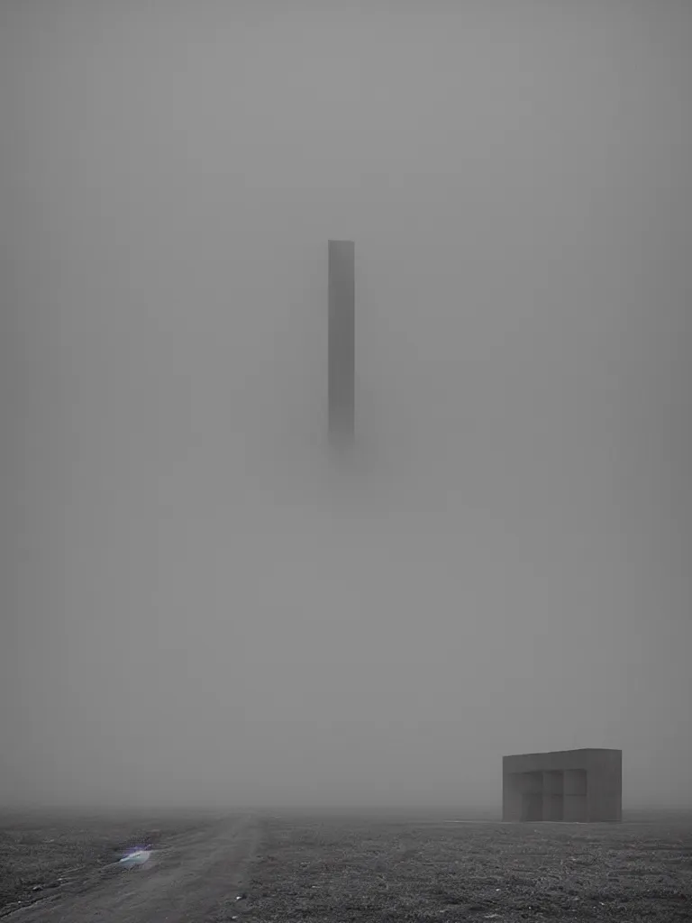 Image similar to High resolution black and white photograph with a 35 mm F/22.0 lens of a Brutalist architectural building alone in the middle of a Russian wasteland in the 1980s in the middle of nowhere while foggy.