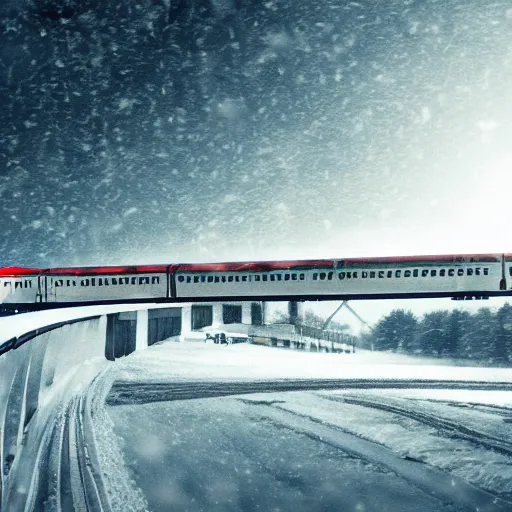 Image similar to desktop wallpaper of a bullet train riding over a bridge through a cold snowy landscape, trending on artstation