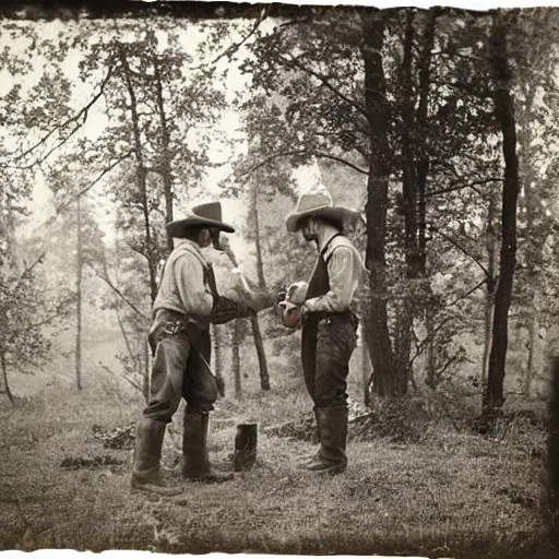 Prompt: two cowboys kissing on a camp in the woods, vintage photography