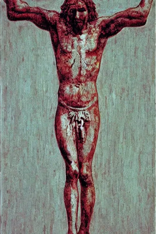 Image similar to christ crucified looking like a big mushroom painted in by cy twombly and andy warhol