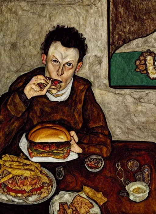 Prompt: young man eating a hamburger in the center of a dark medieval dinning room, surrounded by starving people in front of a giant painting, extremely realistic and highly detailed painting by egon schiele, soft light, gold ratio